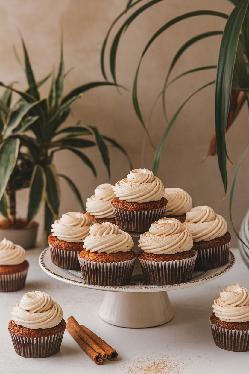 Photo of indoor coffee-shop style table with cupcakes frosted in creamy off-white swirls dusted lightly with nutmeg, cinnamon sticks nearby, no text or logos.