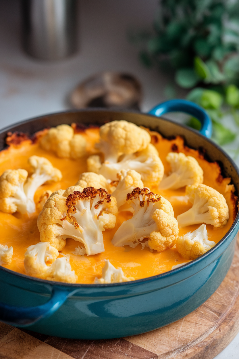 Indoor photo of a bubbling casserole featuring cauliflower florets coated in golden cheddar cheese sauce, browned spots visible. No text or logos.