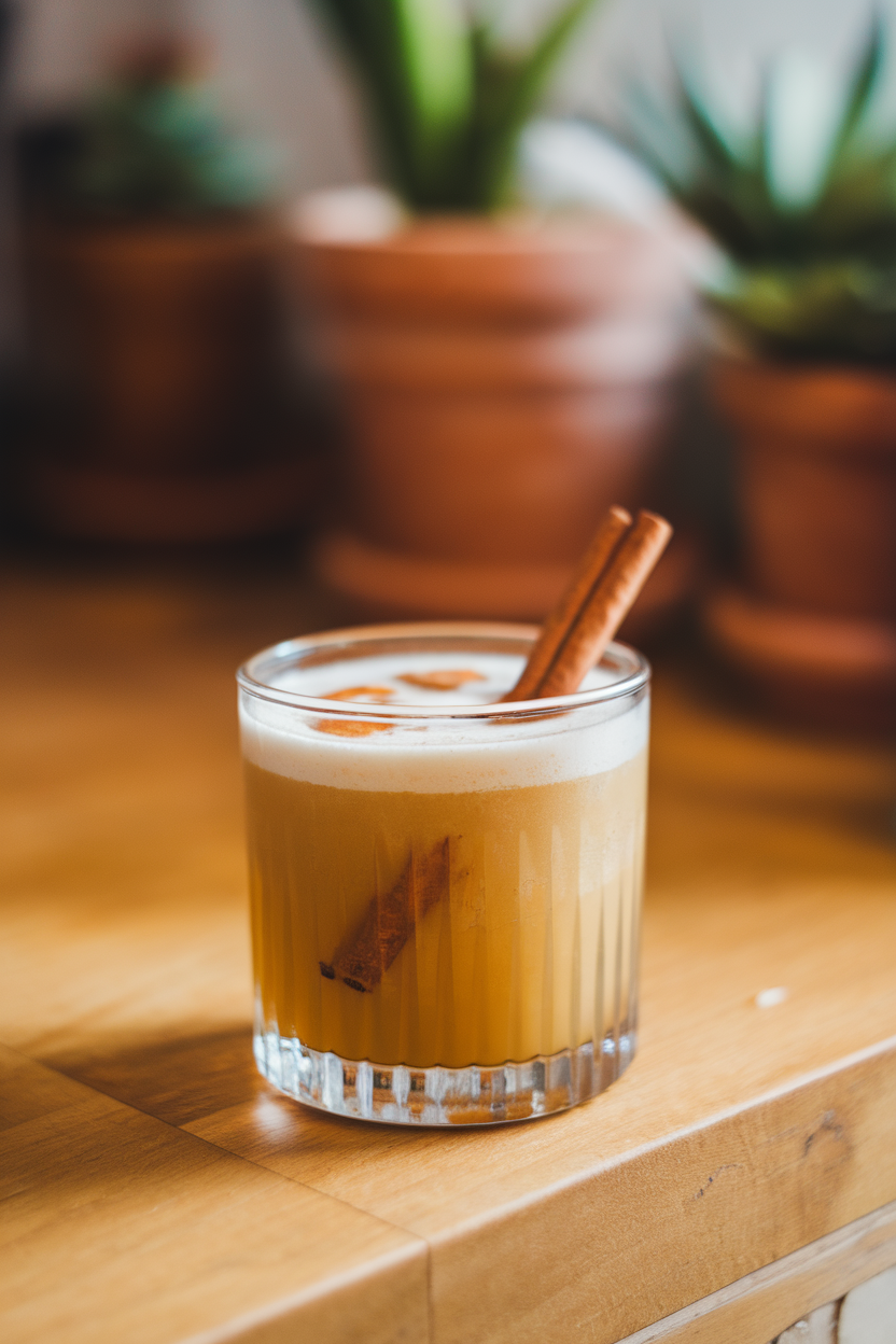 Indoor countertop with a rocks glass of golden brown butter rum punch, thin layer of foam, cinnamon stick submerged. Photo, no text or logos.