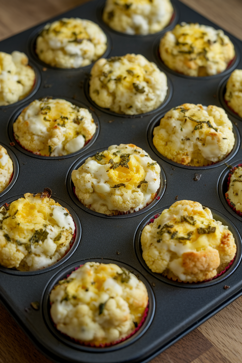 Indoor muffin-tray photo of savory cauliflower egg muffins flecked with herbs, no text or logos.