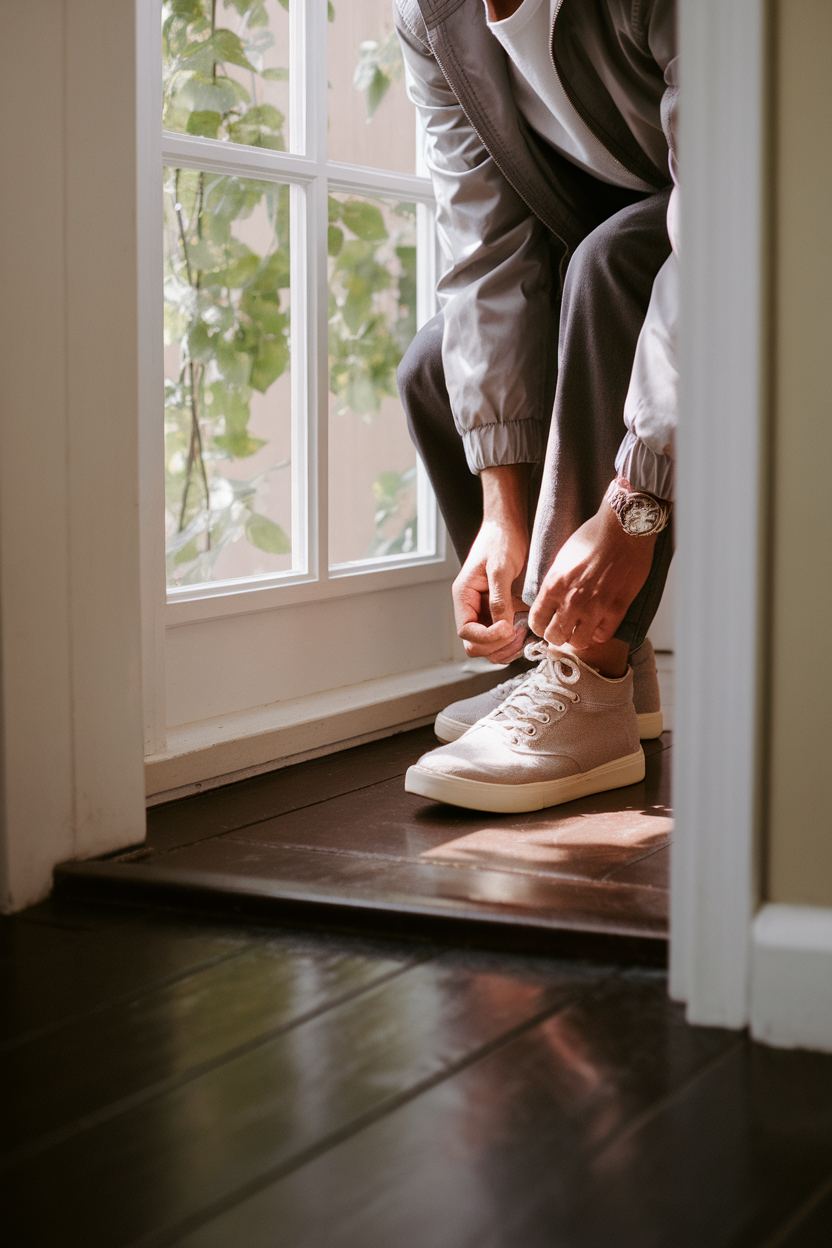 A hallway view of someone tying sneakers next to an indoor doorway with natural light spilling in, ready for a walk. No logos on shoes or clothing. Photo.