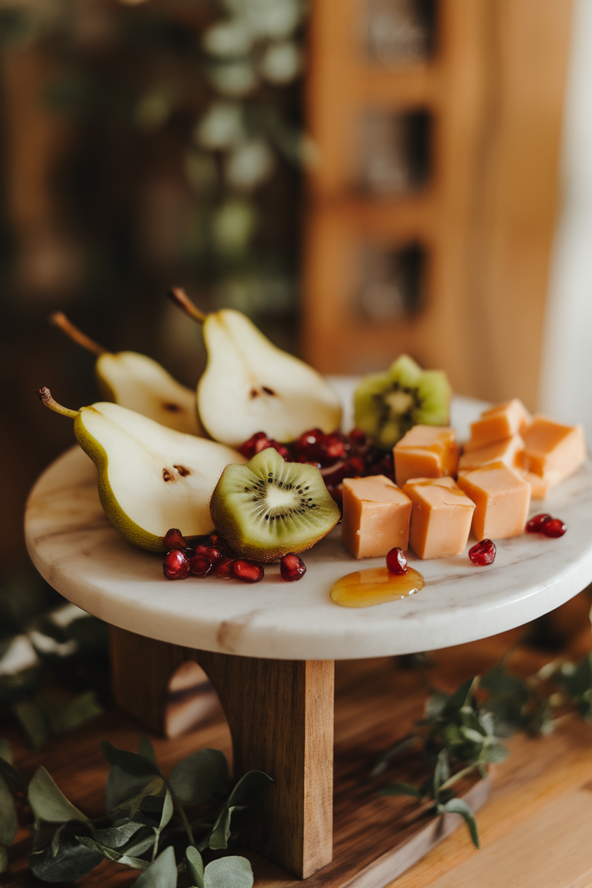 Warm indoor photo of a marble board featuring sliced pears, star-shaped kiwi, pomegranate arils, and cubes of aged Gouda with honey drizzle; no logos or text visible.