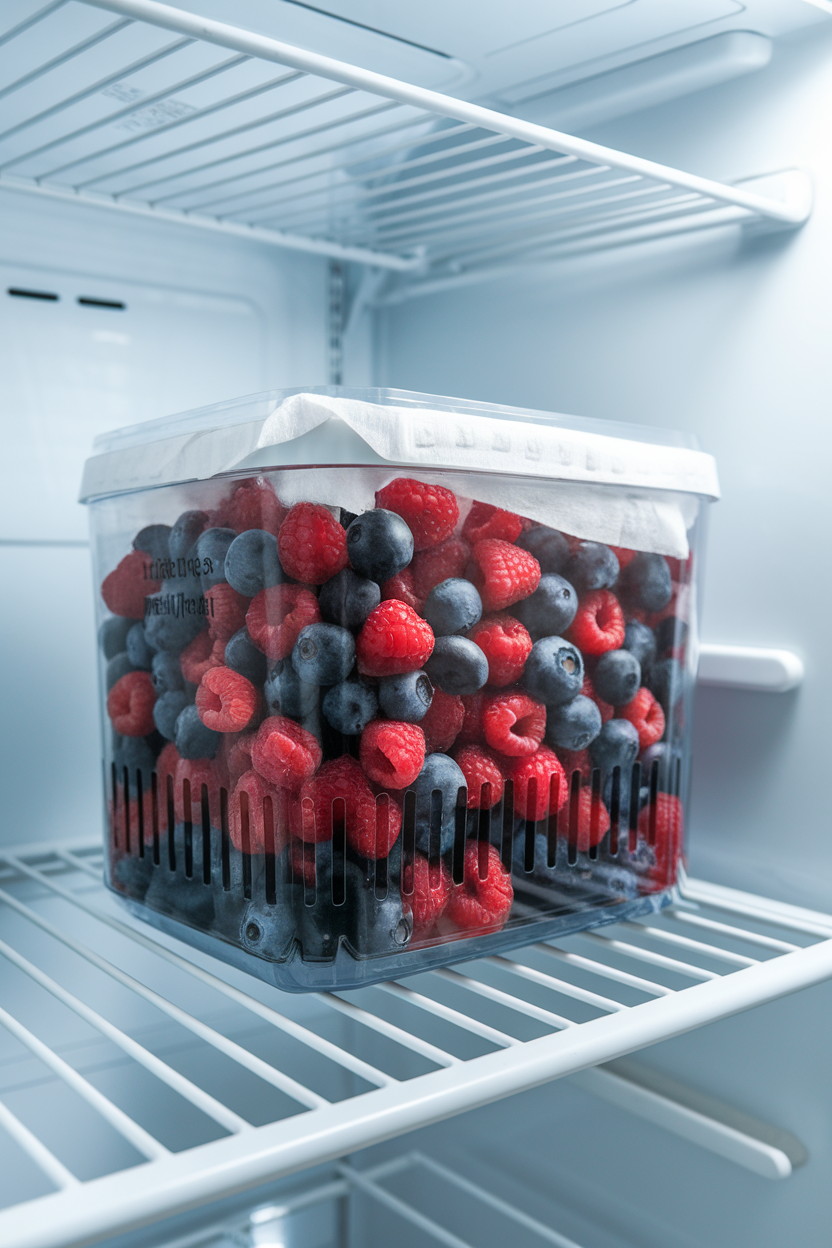 Photo, indoor refrigerator shelf with a vented container of mixed raspberries and blueberries, paper towel lining visible, no text or logos.