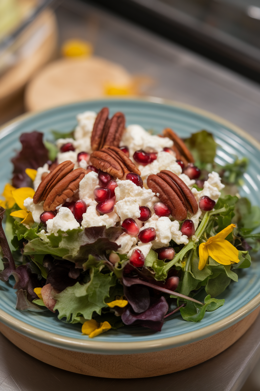 Indoor photo of mixed greens topped with ruby pomegranate seeds, goat cheese crumbles, and toasted pecans on a shallow plate. No text or logos.