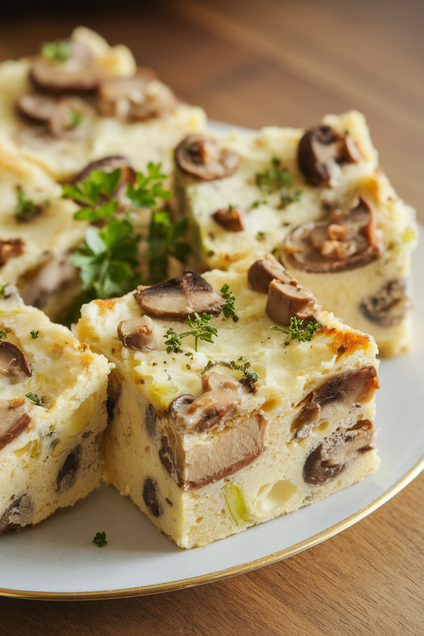 Indoor photo of savory bread pudding squares speckled with mushrooms and leeks, no text or logos