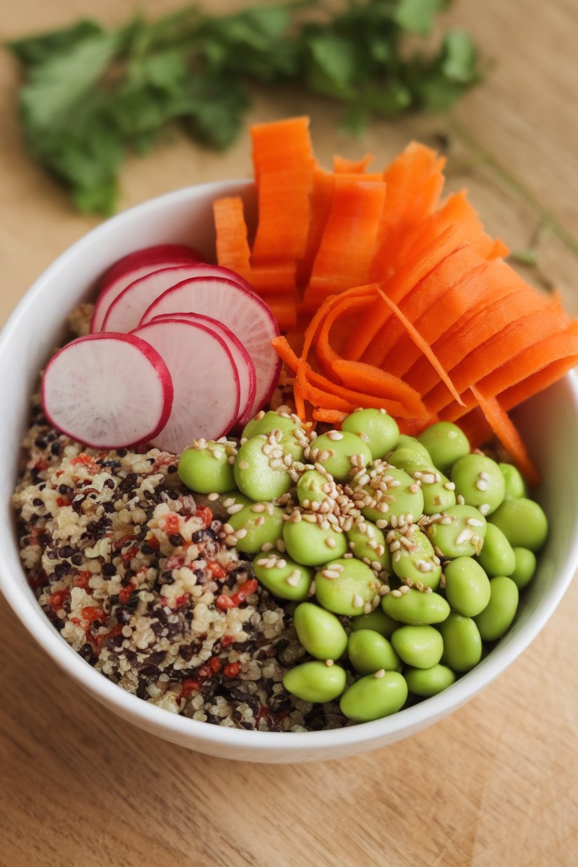 An indoor bowl containing tri-color quinoa, shelled edamame, sliced radishes, and carrot ribbons, drizzled with sesame seeds on top. No logos or text present.