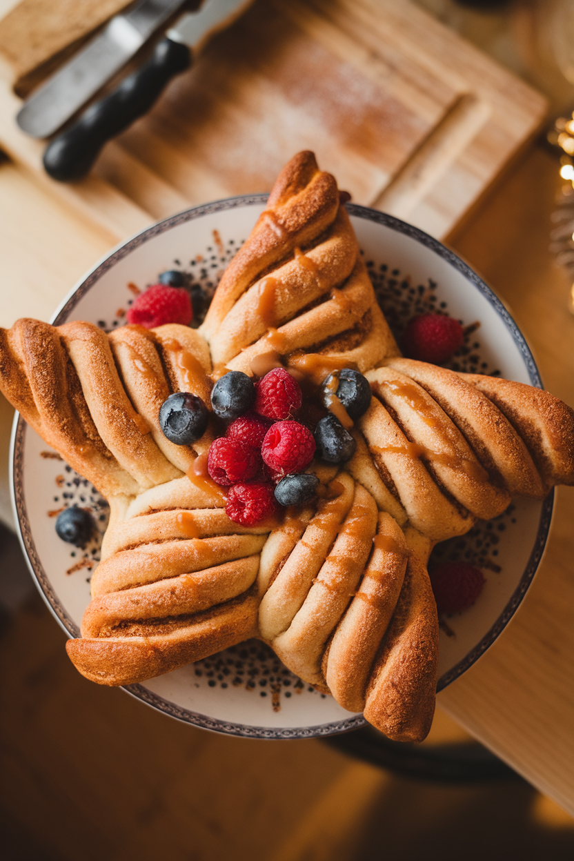 Overhead shot of a star-shaped pull-apart bread on a festive plate indoors, cinnamon sugar layers visible between twists. No text or logos.