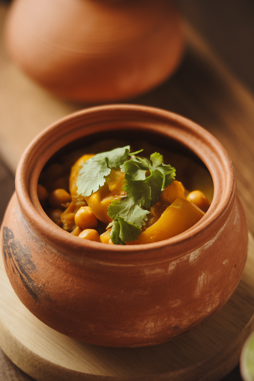 Photo prompt: An indoor clay pot of bottle-gourd and split-chickpea curry, garnished with cilantro, set on a wooden board. No text or logos visible.