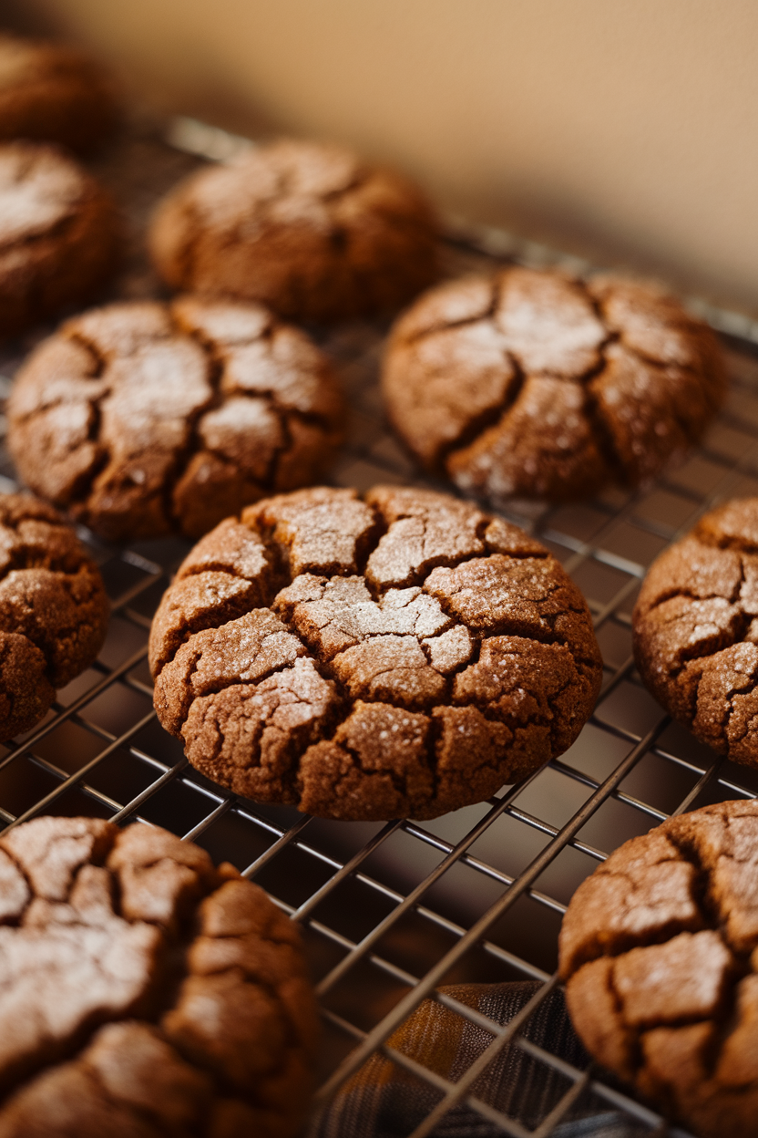 Close-up of crackled molasses cookies on a wire rack indoors, sugar sparkling under warm lighting. No text or logos present.