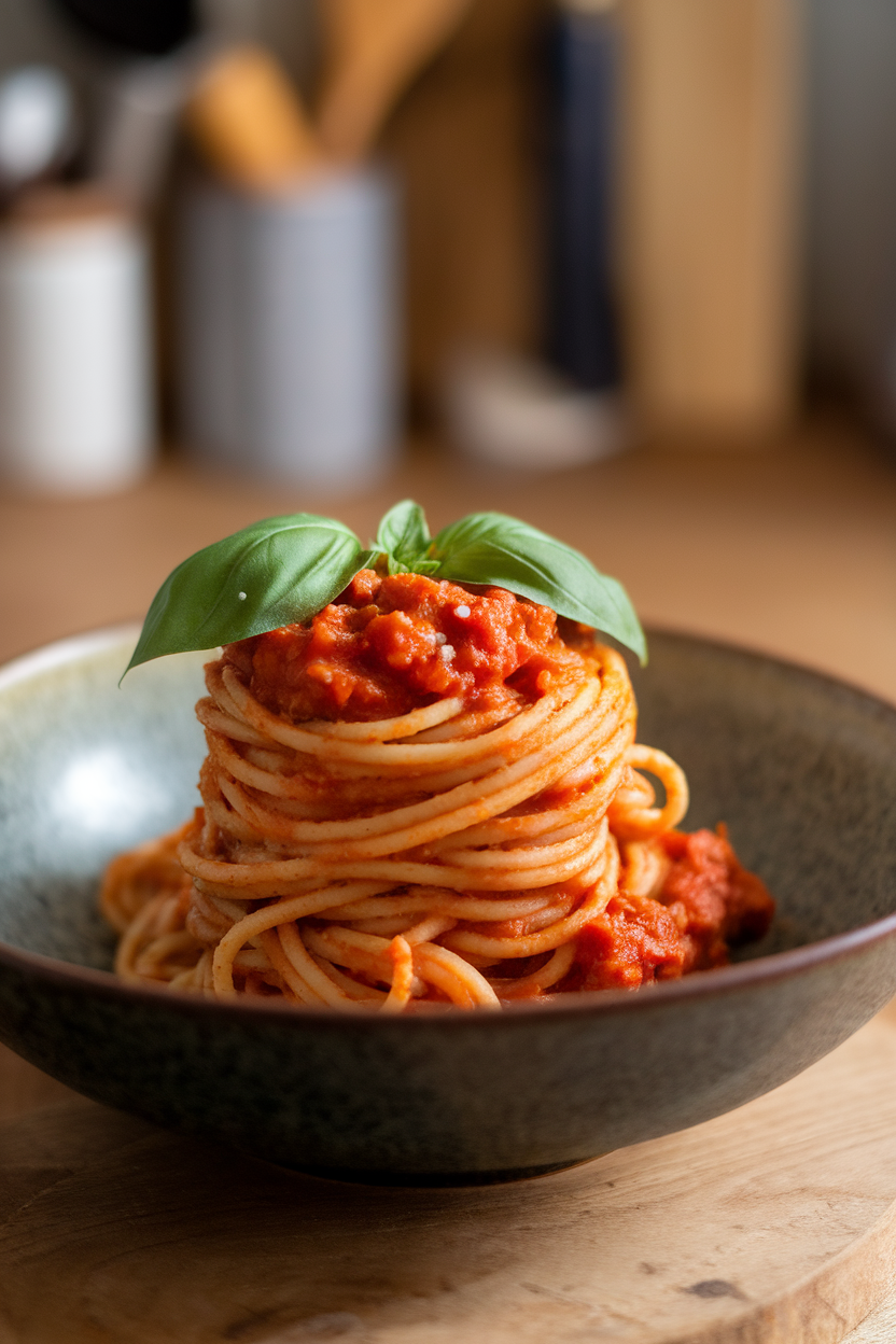 A nested indoor bowl containing a measured cup of whole-wheat spaghetti twirled in tomato-turkey sauce, basil leaf garnish. No text or logos.