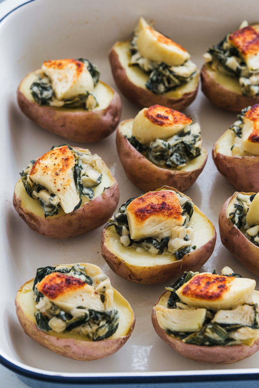 Indoor photo of halved baby potatoes filled with light spinach-artichoke mixture and baked until tops are slightly browned, set on a white baking dish. No logos or text.