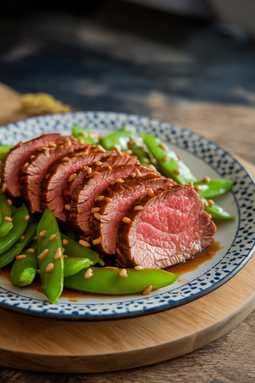 An indoor plate of sliced beef and bright green snow peas coated in glossy teriyaki glaze. No text or logos; photo only.