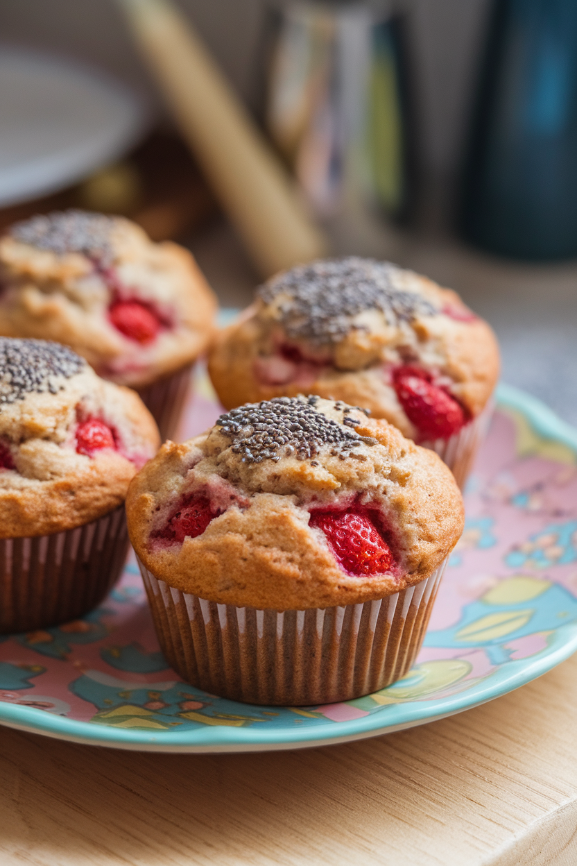 Indoor photo of strawberry banana muffins with chia seeds sprinkled on top, pastel plate, no text or logos