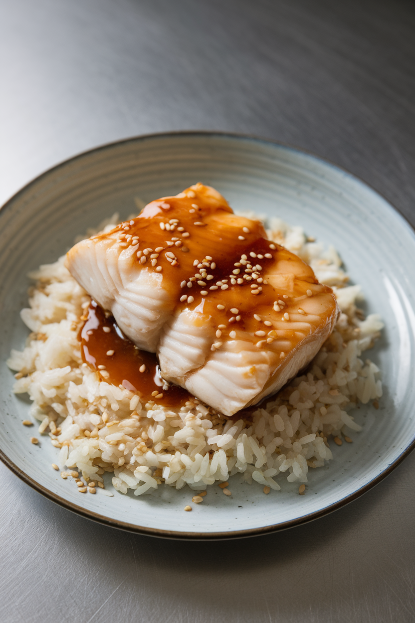 Indoor dining plate featuring flaky cooked cod fillet glazed with shiny miso sauce, set atop jasmine rice and sprinkled with sesame seeds. No text or logos. Photo only.