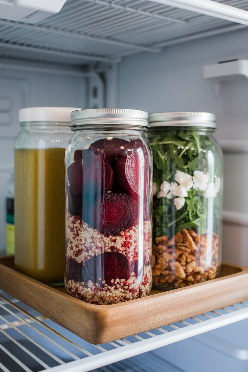 Indoor refrigerator shelf with tall jars layered in order: vinaigrette, roasted beets, quinoa, arugula, crumbled goat cheese, and walnuts. No text or logos present.