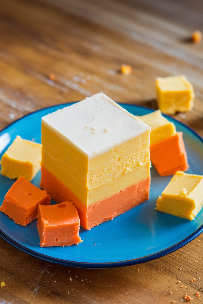 Tri-layered squares of orange, yellow, and white fudge on a plate, indoor setup, no text or logos.