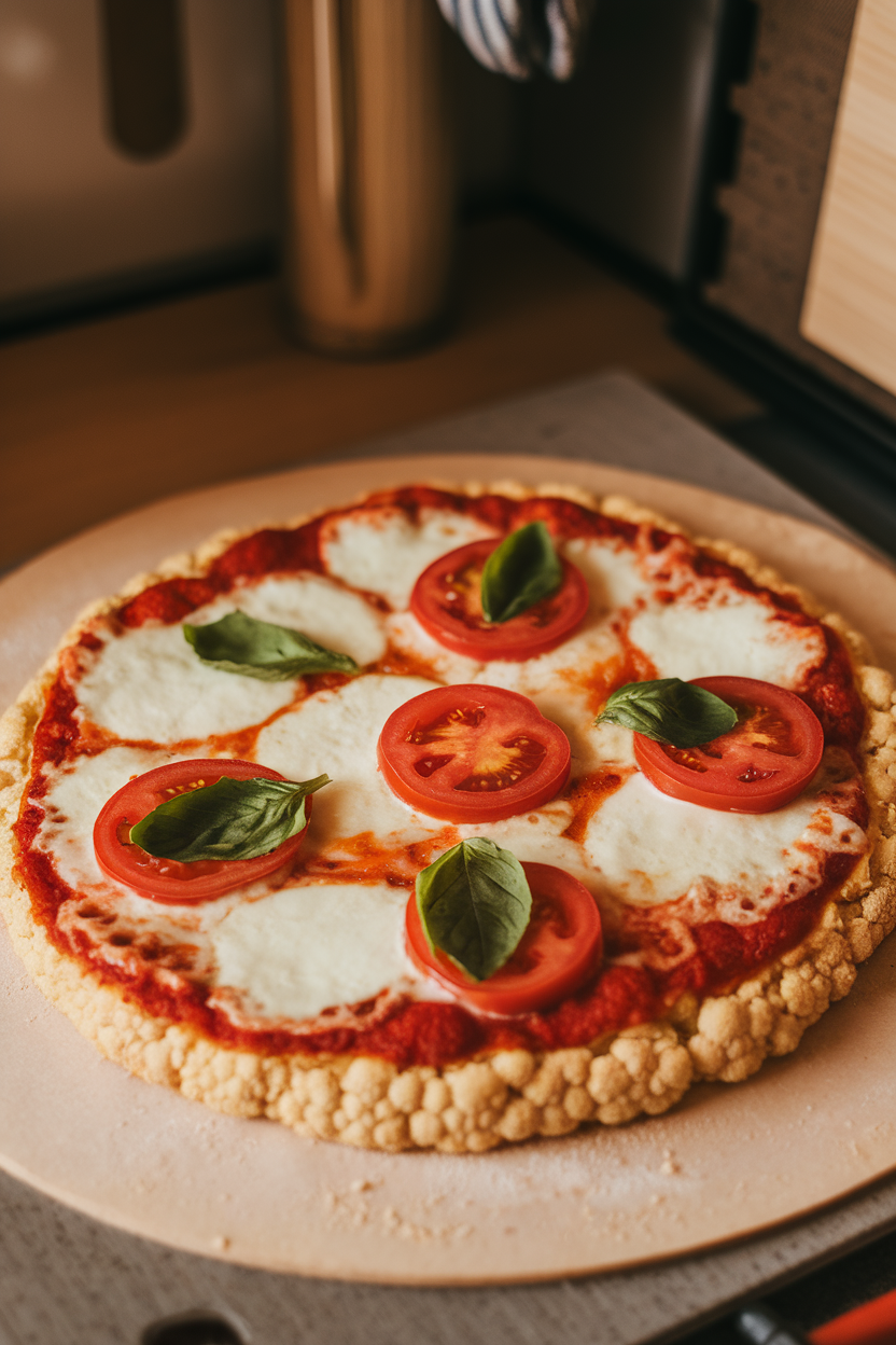 An indoor photo of a round pizza with a cauliflower crust topped with melted mozzarella, tomato slices, and basil leaves on a pizza stone. No text or logos.