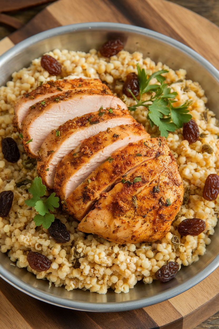 Indoor serving platter of sliced spice-rubbed chicken breast resting on a bed of whole-wheat couscous with raisins and herbs. No logos or text; photo.