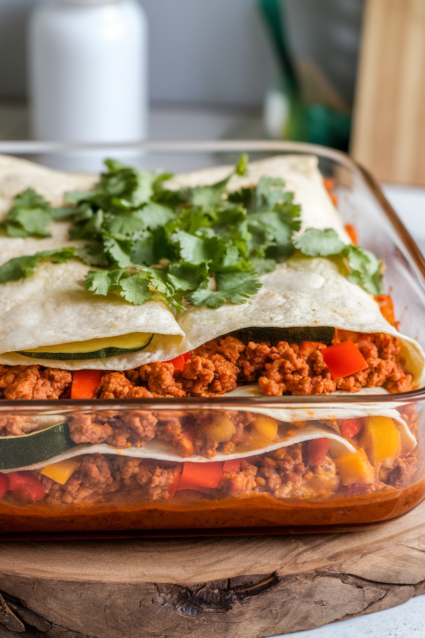 Indoor shot of a casserole layered with corn tortillas, ground turkey, zucchini, bell peppers, and homemade enchilada sauce, garnished with chopped cilantro. No text or brand marks.