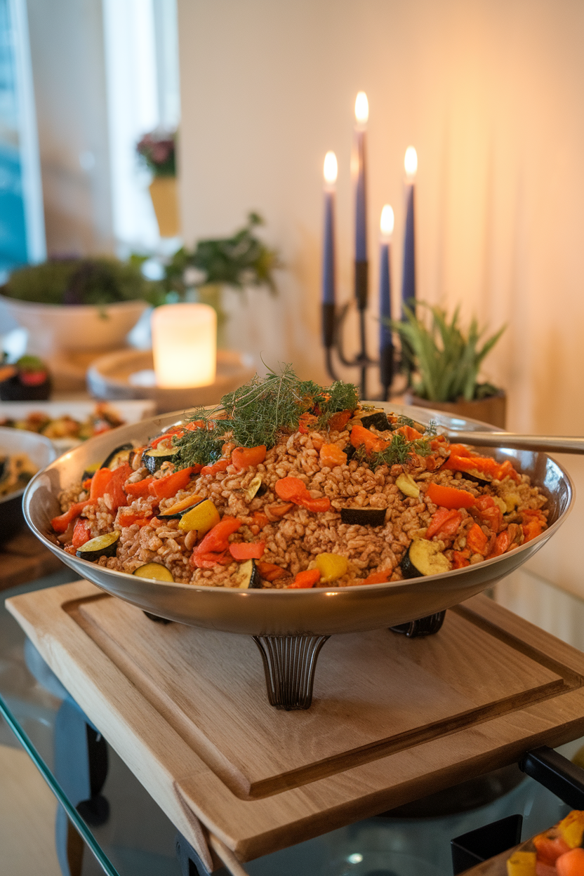 Indoor buffet table showing a large serving bowl of nutty farro mixed with roasted carrots, zucchini, and bell peppers, herbs sprinkled on top. No text or logos; photo.