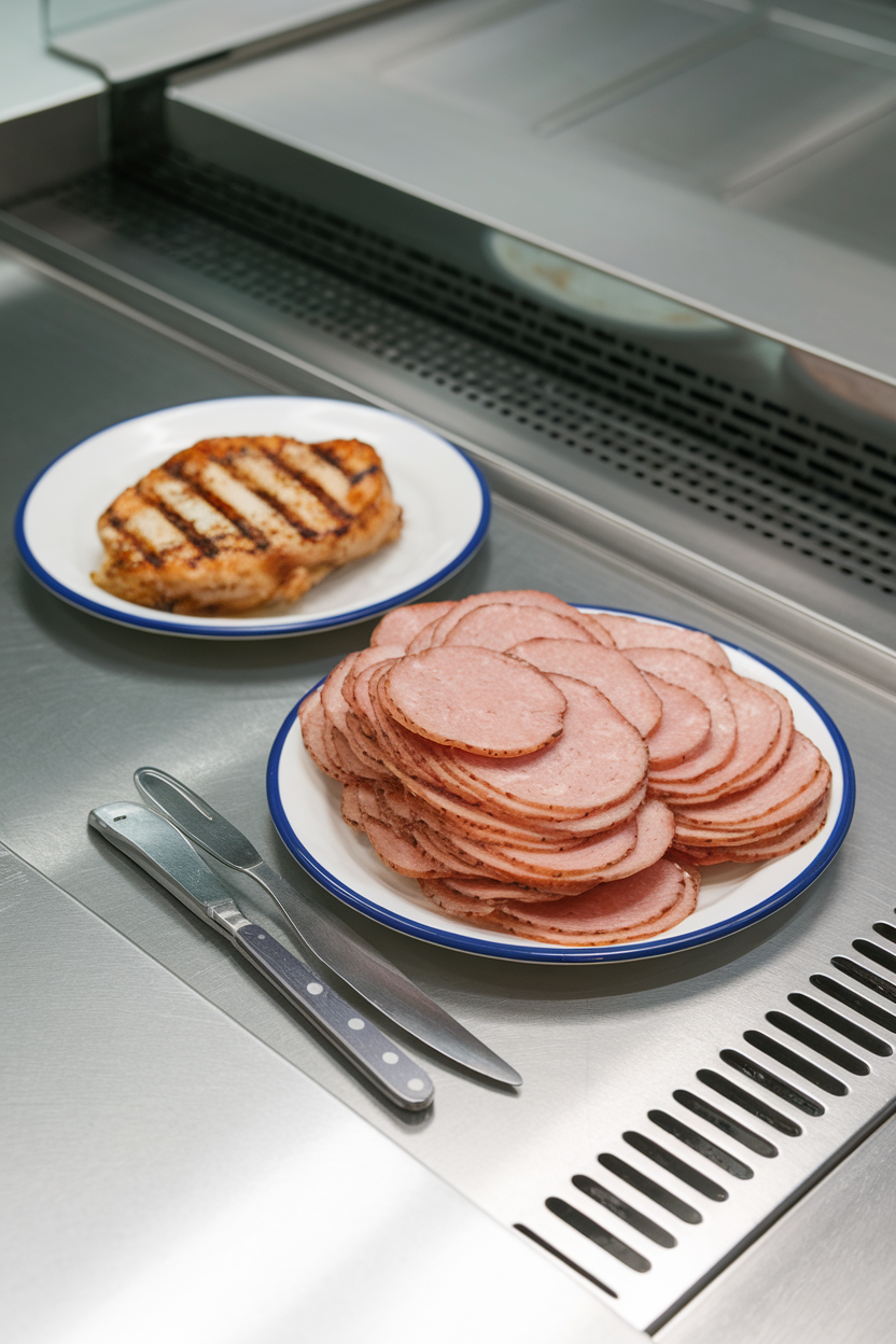 An indoor deli counter at home with two plates: one featuring grilled chicken breast, the other stacked with processed deli slices for contrast. No logos or text. Photo.