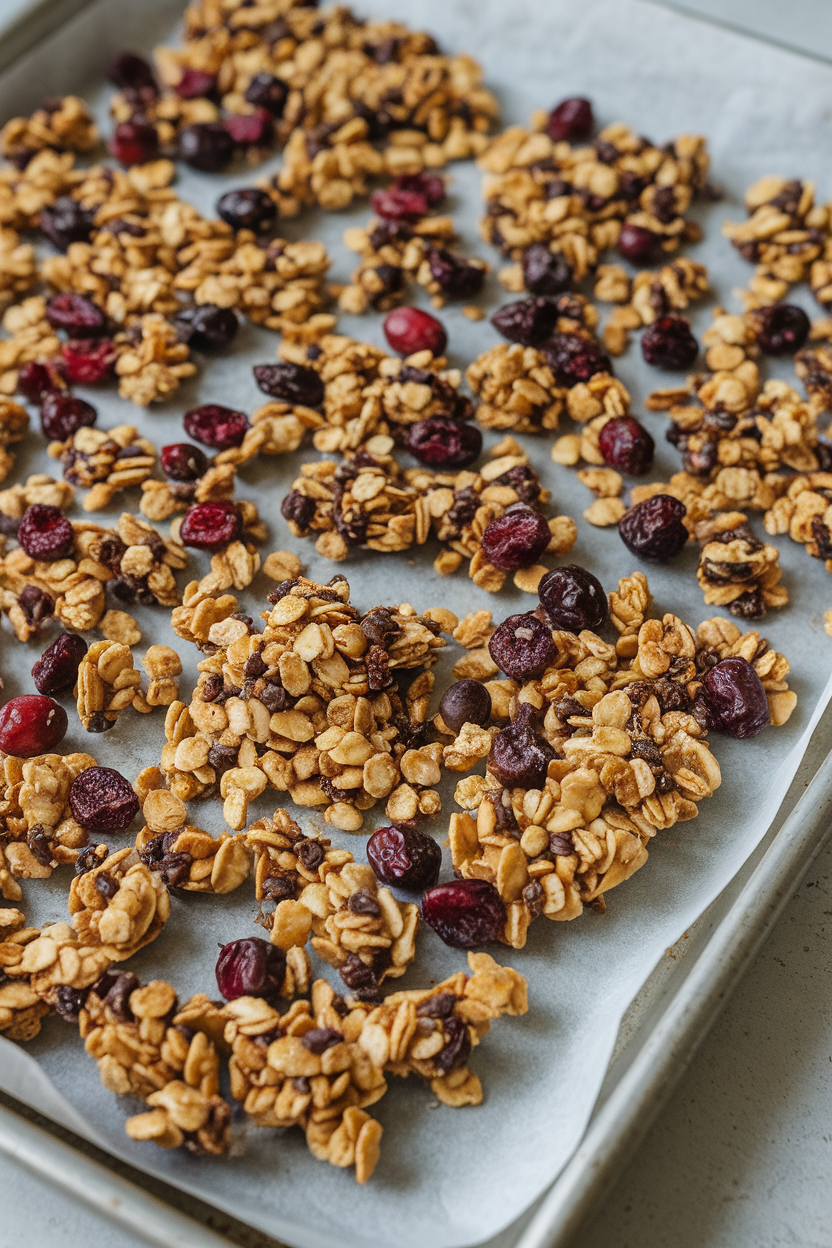 Baking sheet indoors with golden granola clusters containing cacao nibs and cranberries, cooling on parchment. No text or logos.