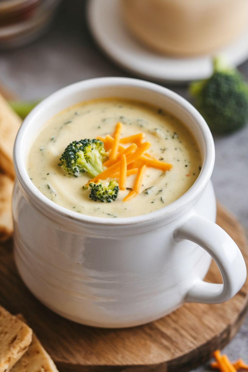 A white soup mug indoors filled three-quarters with creamy broccoli cheddar soup, small broccoli florets floating on top. No text or logos.