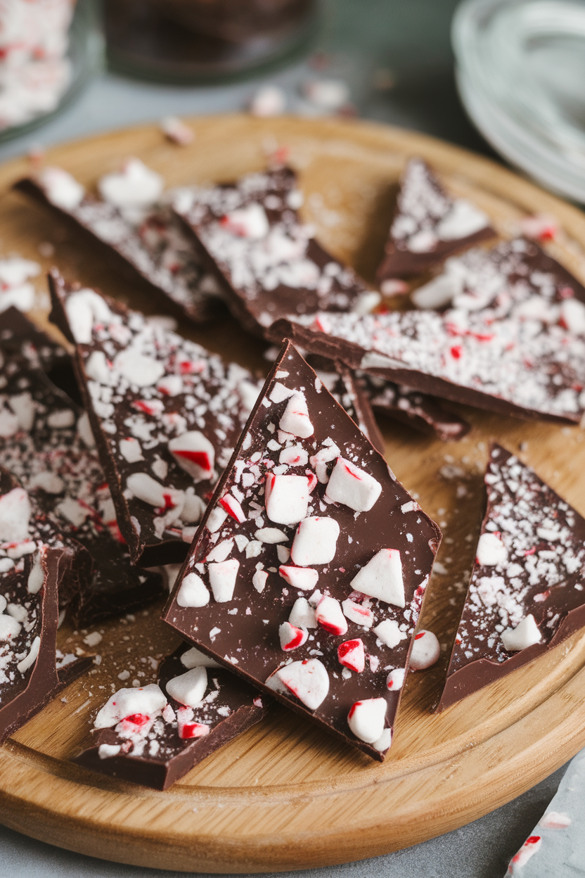 Indoor shot of ruby-flecked peppermint bark broken into triangles on a wooden board, no text or logos