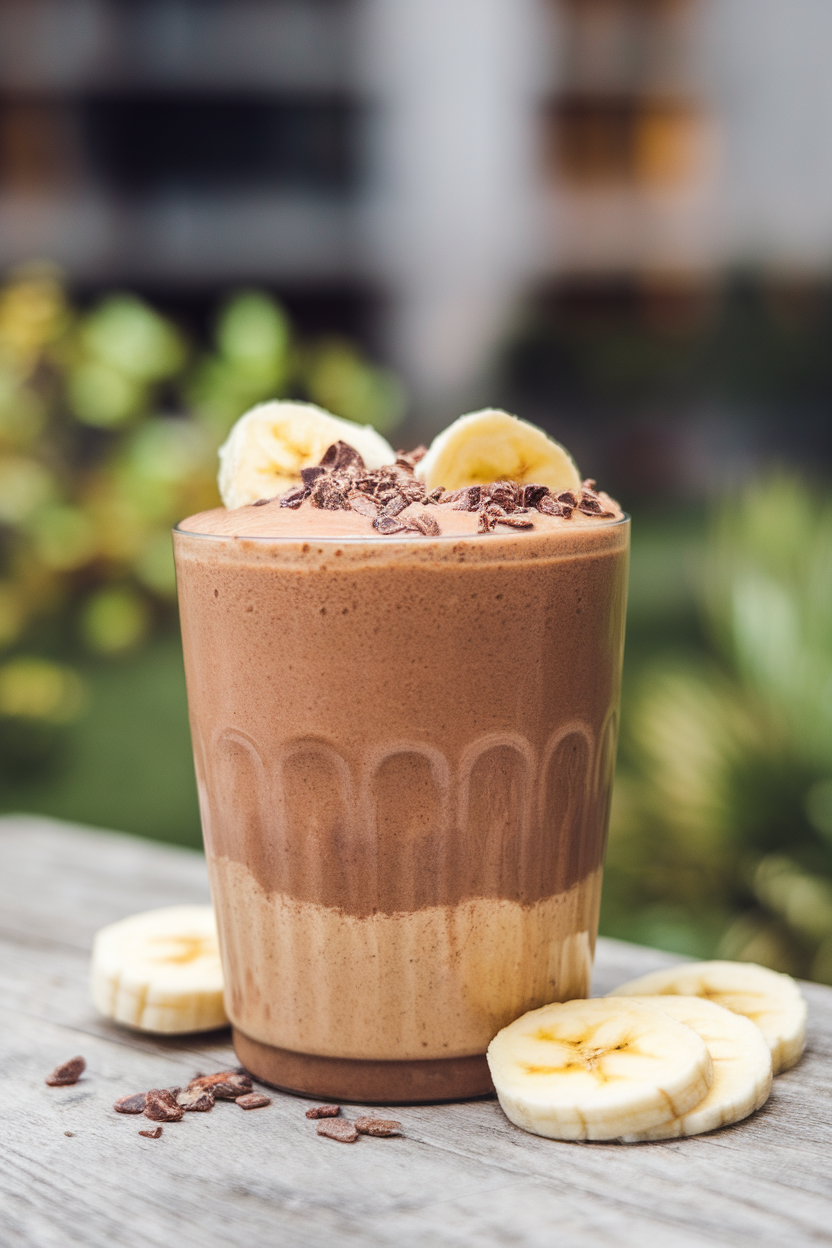 An indoor reusable cup filled thick with chocolate peanut butter smoothie, topped with sliced banana and cacao nibs. Photo, no text or logos.