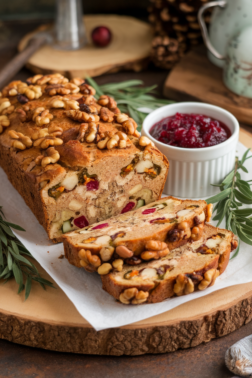 An indoor serving platter with a sliced walnut-cashew loaf studded with vegetables, cranberry sauce on the side, photo, no text or logos.