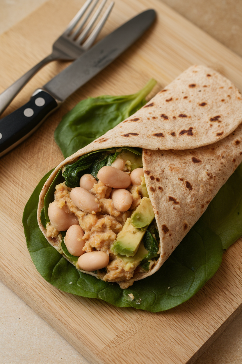 Indoor cutting board showing whole-grain wrap filled with mashed white beans, avocado, and spinach, no text or logos