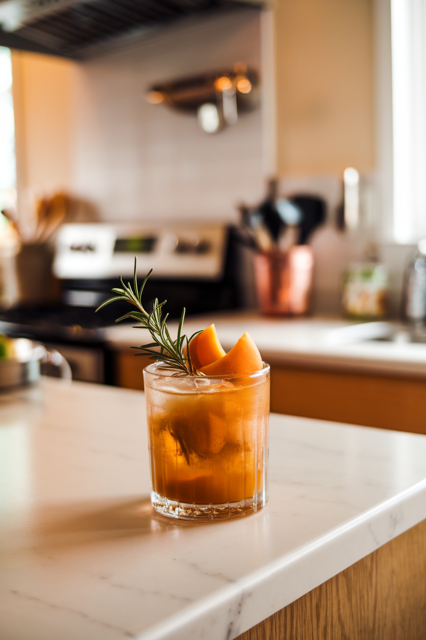Indoor kitchen island with a rocks glass of persimmon whiskey smash, muddled persimmon visible, cracked ice piled high. Photo, no text or logos.