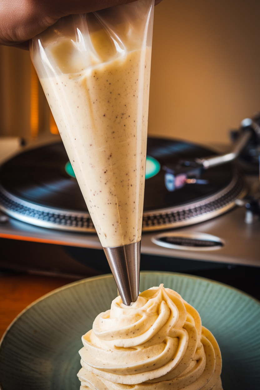 Indoor image of a piping bag filled with speckled vanilla bean cream beside a turntable, no text or logos