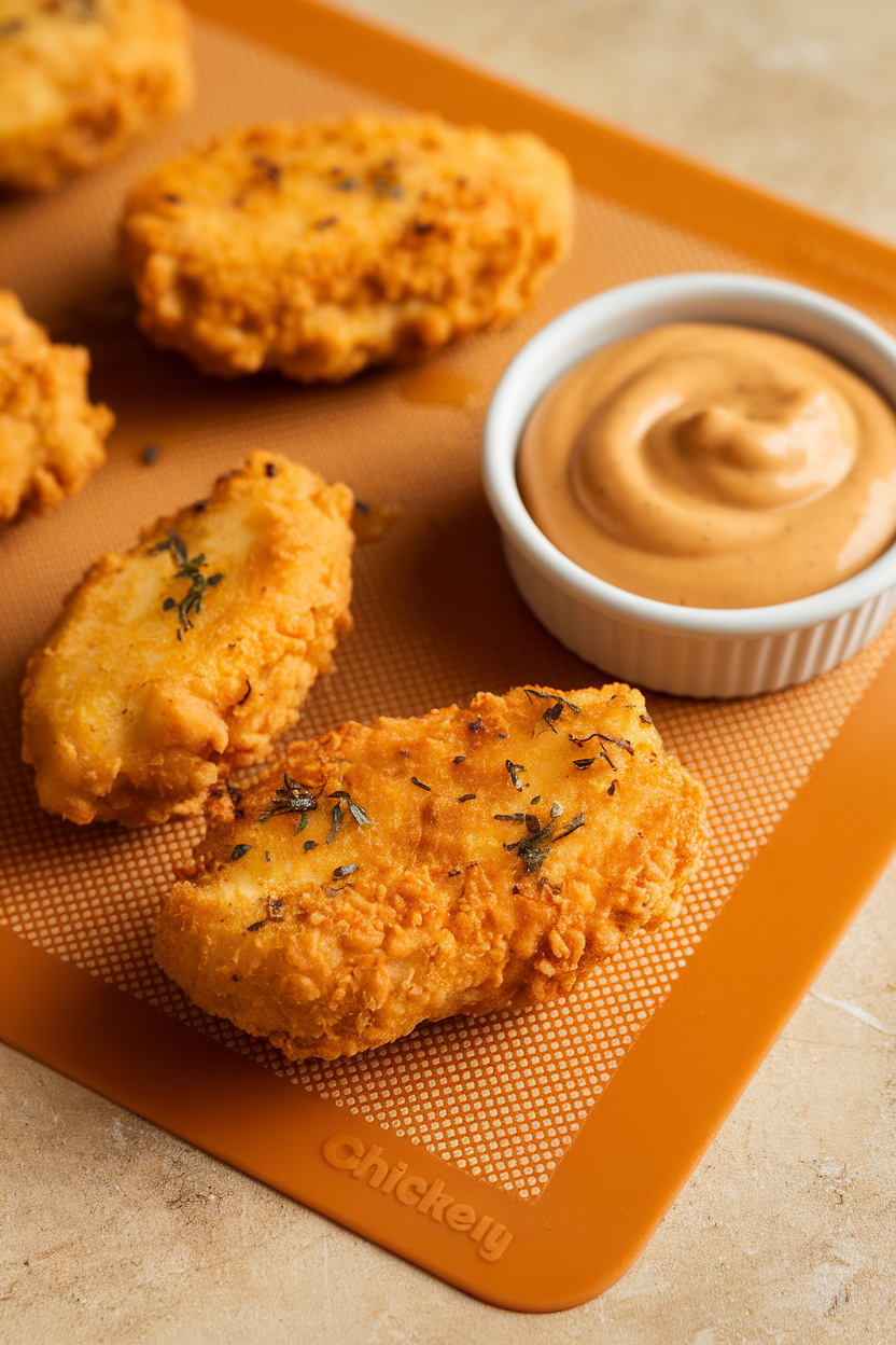 Photo of golden baked chicken nuggets on a silicone mat, small dish of honey mustard nearby, indoors. No text or logos. Photo, not illustration.