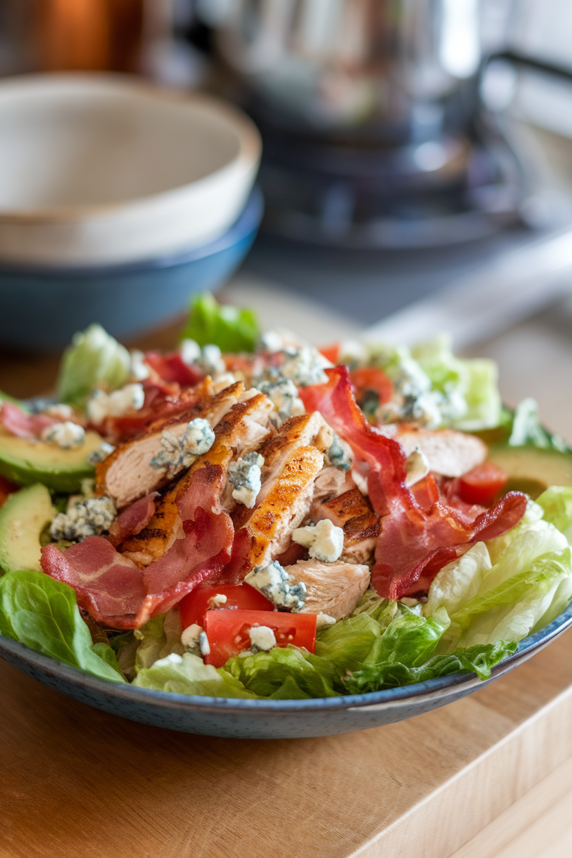 Indoor shallow bowl arranged with rows of romaine, turkey bacon, grilled chicken, avocado, tomatoes, and blue cheese crumbles. No text or logos. Photo, not illustration.