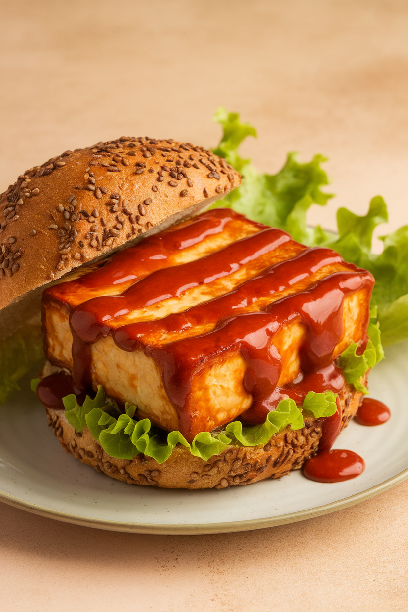 Photo of a glazed tofu patty coated in sweet chili sauce, on a seeded bun with lettuce, indoor scene; no text or logos; photo, not illustration