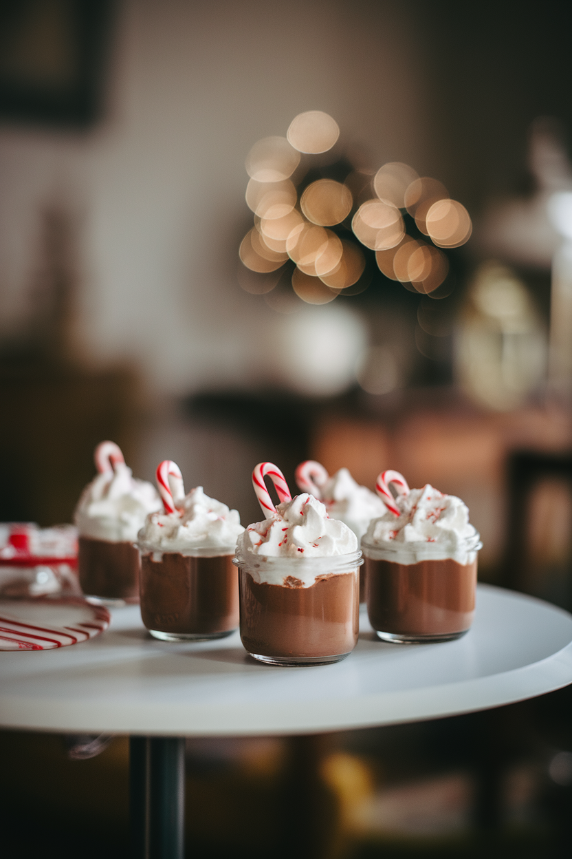 Indoor setting with small jars of silky chocolate pots de crème topped with peppermint whipped cream and a tiny candy cane; no logos. Photo, not illustration.