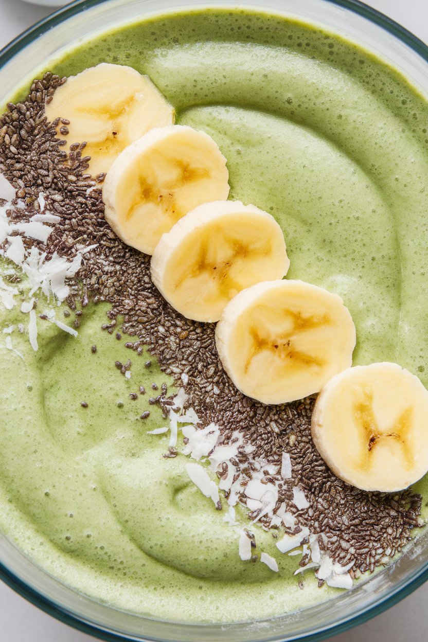 An overhead indoor shot of a green smoothie bowl garnished with banana slices, chia seeds, and shredded coconut. Photo, no text or logos.