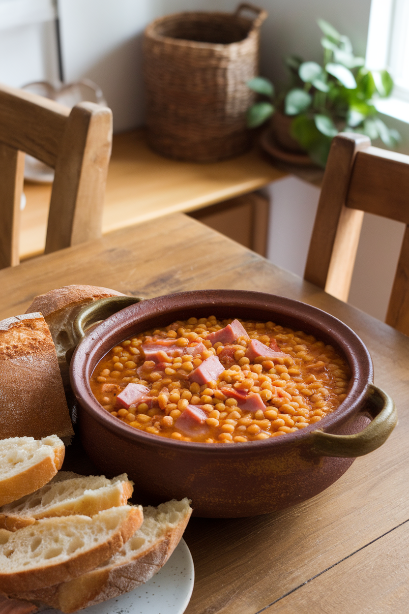 An indoor dining nook with a rustic ceramic bowl filled with thick split pea and ham stew, steam gently rising. No text or logos.