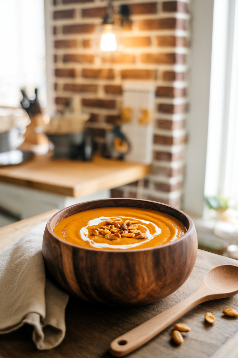 A cozy indoor soup bowl filled with velvety orange pumpkin soup, topped with a swirl of coconut cream and toasted pepitas. This should be a photo, not an illustration. No text or logos anywhere in the scene.