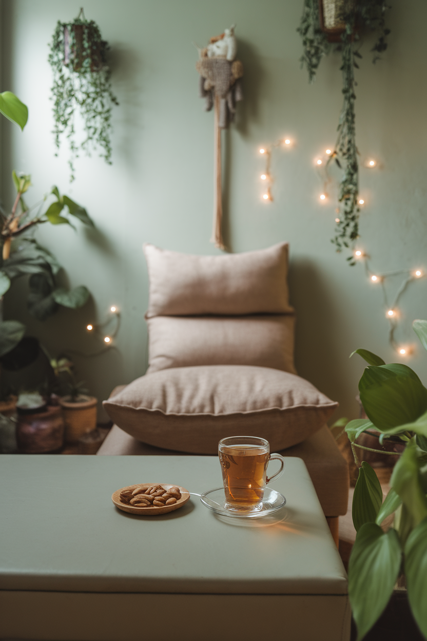 Indoor meditation corner with a cup of herbal tea and a small plate of almonds on a low table, no text or logos. Photo.
