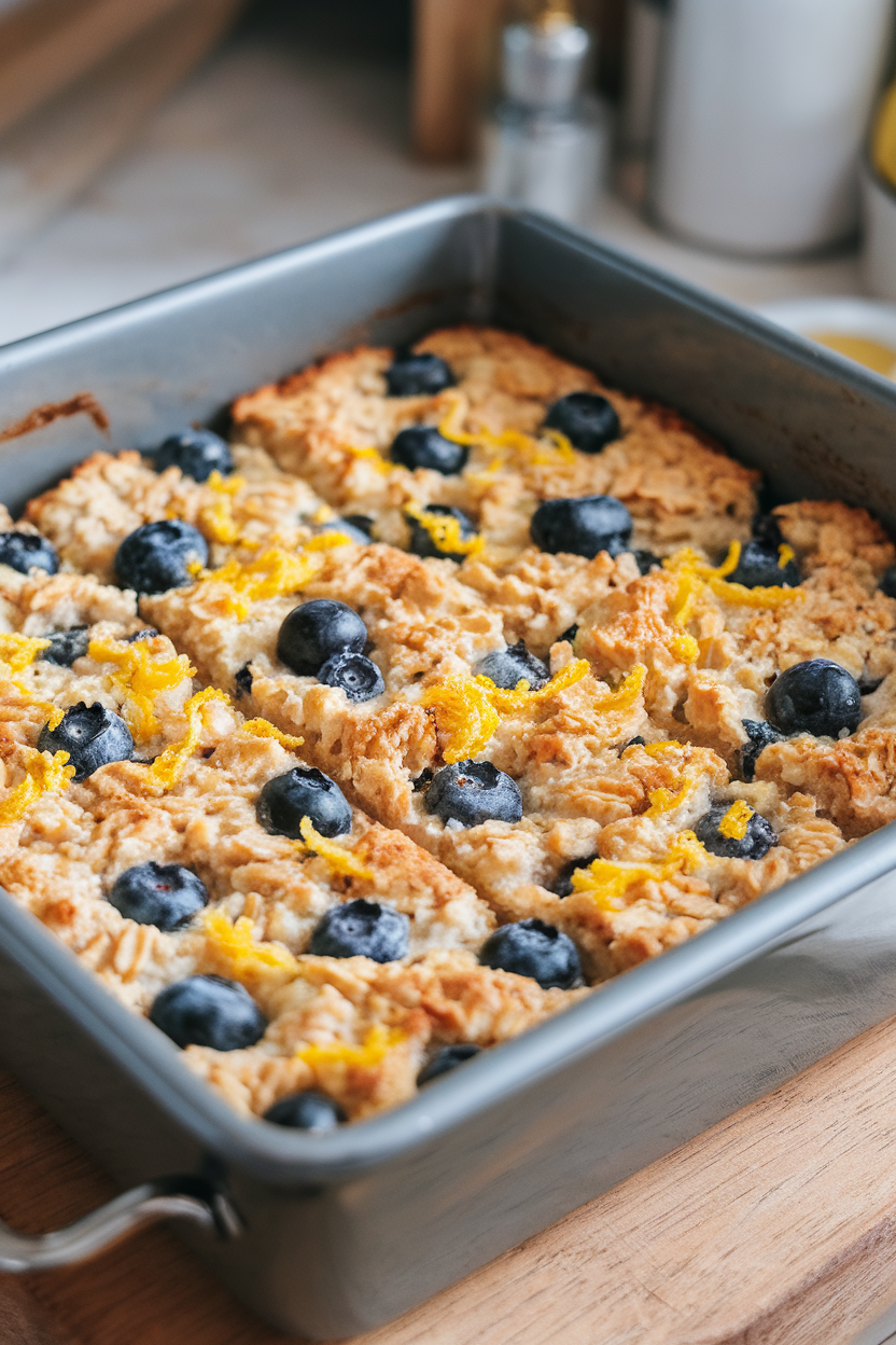 An indoor baking dish of golden baked oatmeal cut into squares, blueberries studded throughout, lemon zest sprinkled on top; no text or logos.
