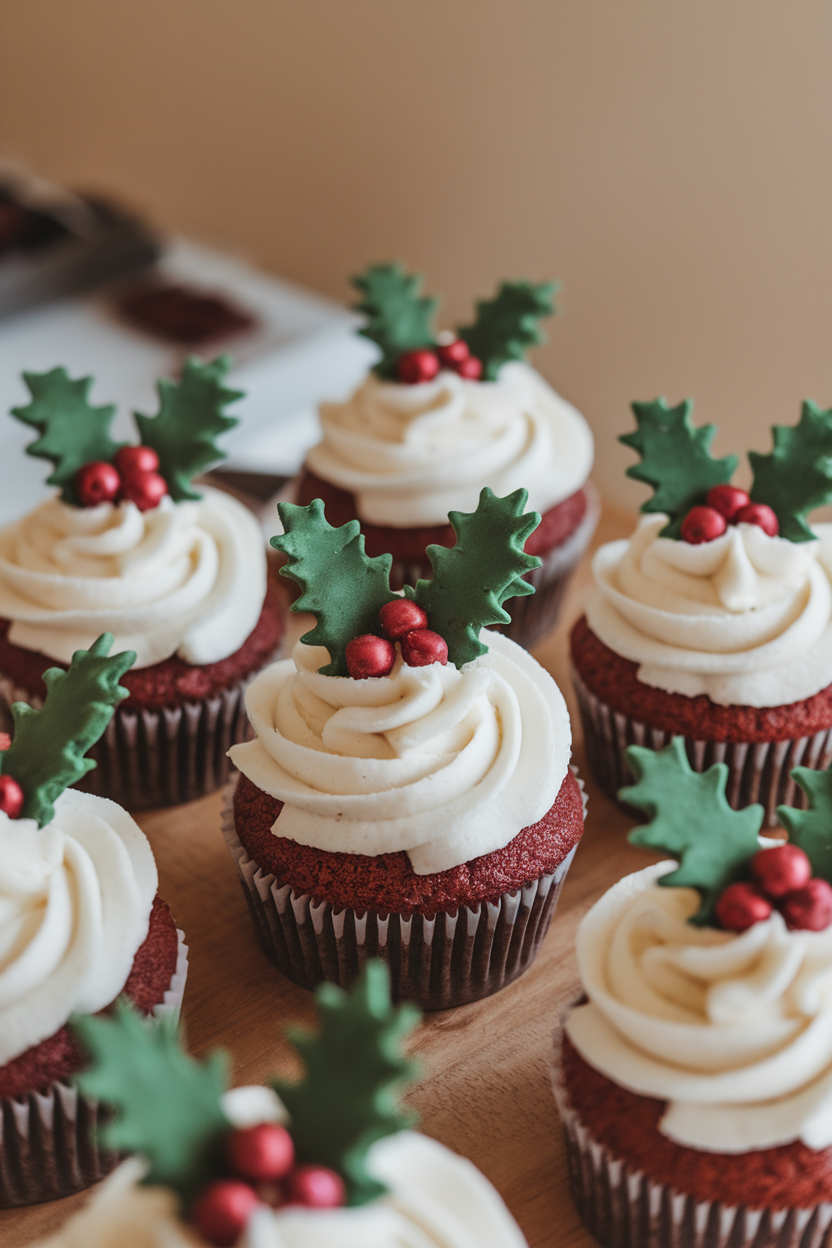 Photo of indoor pastry board featuring cupcakes with white frosting swirls, petite green fondant mistletoe leaves, and red pearl candies, no text or logos.