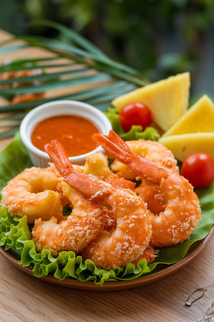 Photo of an indoor plate of golden coconut-crusted cooked shrimp with sweet chili dipping sauce; tropical garnish optional, no text or logos
