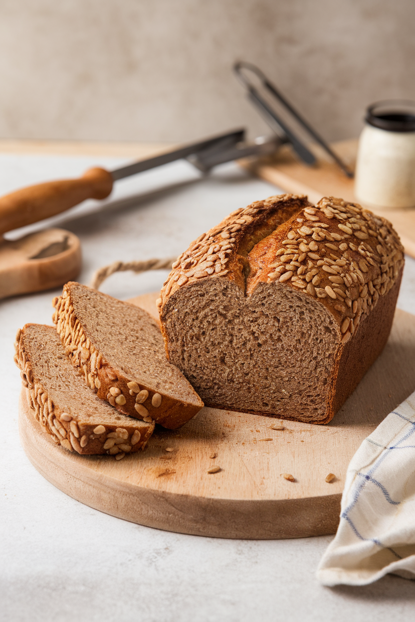 An indoor bakery-style setting with a hearty, seed-topped Ezekiel-style loaf, slices leaning against the loaf to reveal grain texture. No text or logos. Photo only.
