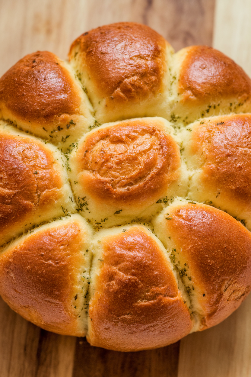 Indoor photo of a round loaf of pull-apart garlic bread with herb butter glistening between sections. No text or logos.