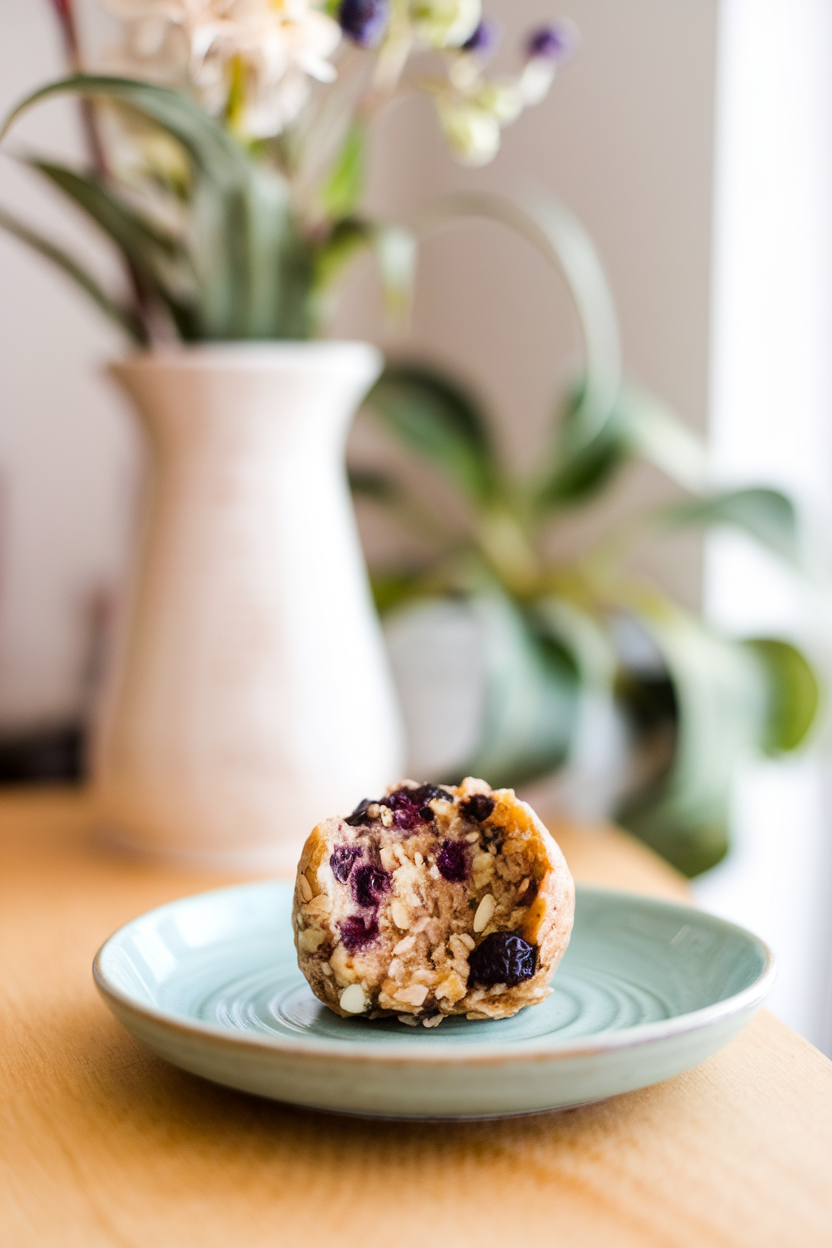 Photo of an indoor breakfast nook featuring blueberry almond energy balls on a pale blue saucer, bits of dried blueberry visible. No text or logos.