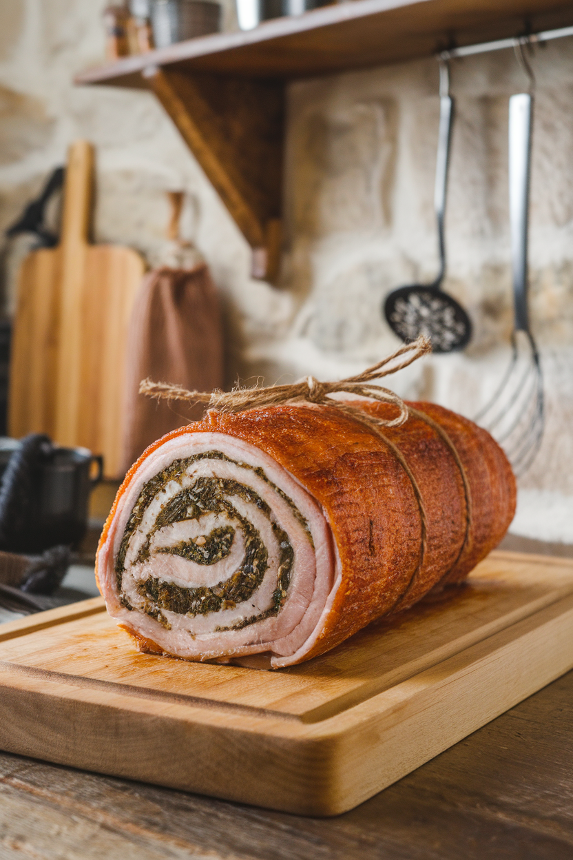 An indoor wooden board displaying rolled, herb-stuffed pork belly roast, crispy crackling exterior, photo, no text or logos.