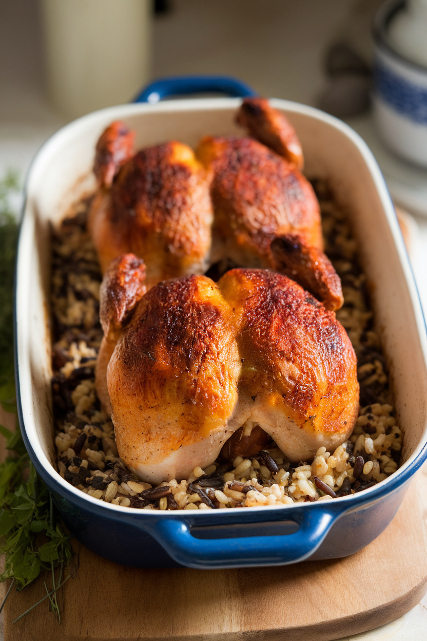 An indoor casserole dish containing two browned Cornish hens, wild-rice stuffing peeking out, photo, no text or logos.