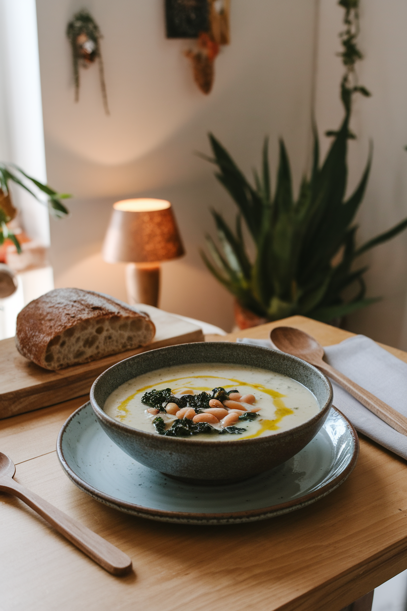 Indoor dining table with a rustic bowl of white bean and kale soup, drizzle of olive oil on top. No text or logos visible.